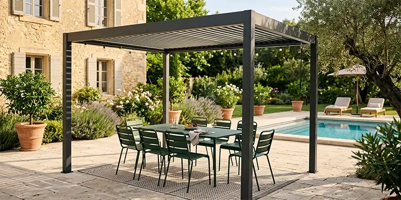 Bioklimatische Aluminium-Pergola 4x3m mit Gartentisch und Stühlen aus grünem Metall